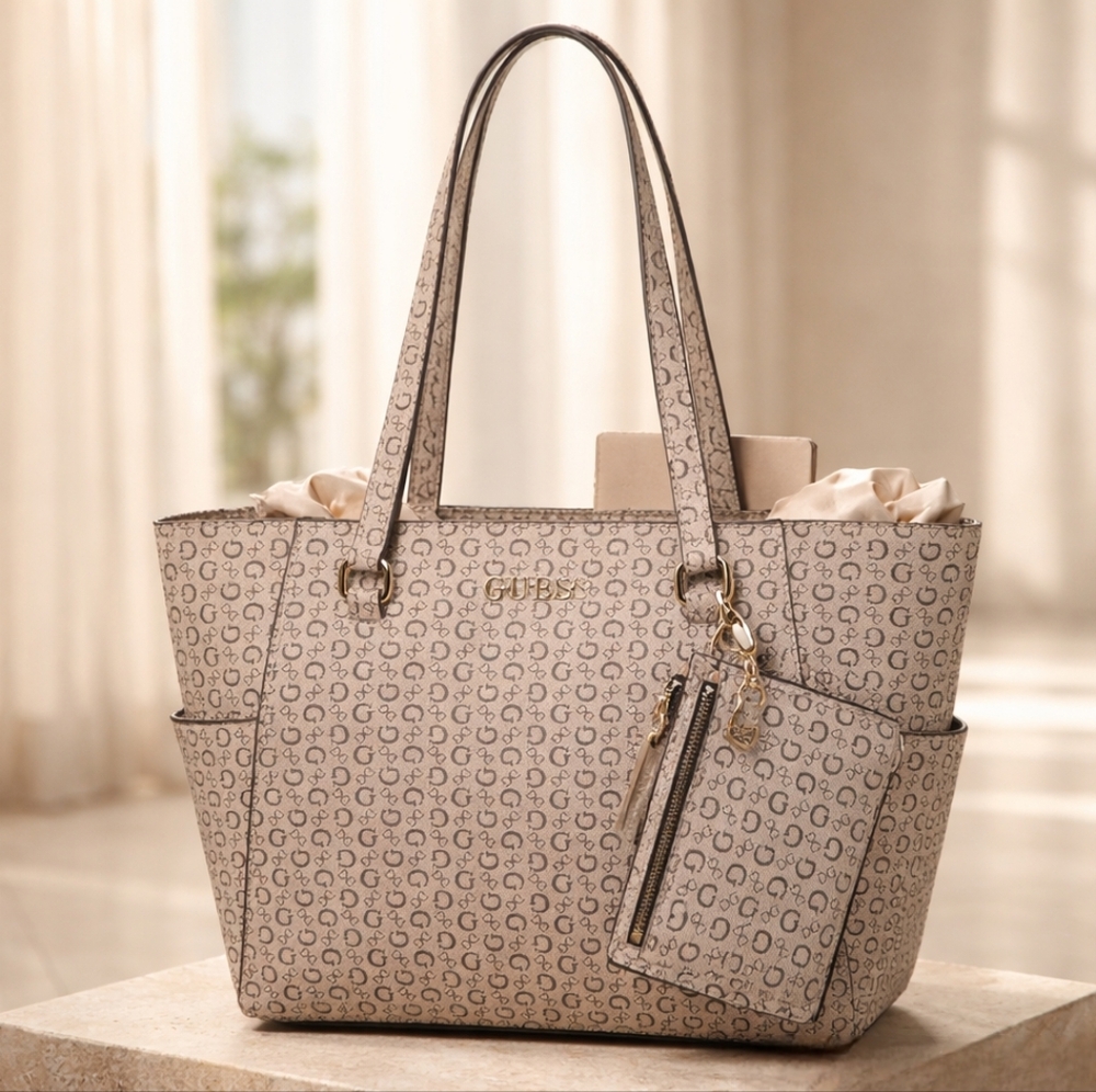 NWT GUESS Monogram Gray Tote Bag With Pouch